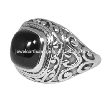 Fabuloso Black Onyx Natural Gemstone &amp; 925 Solid Silver Vintage Look Anniversary Gift Ring Jóias